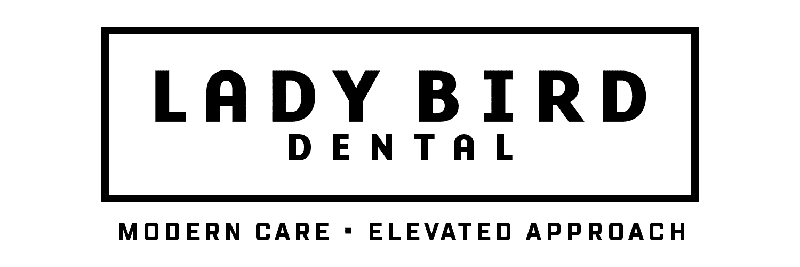 The image displays a logo with text elements for  LADYBIRD DENTAL  and  MODERN CARE ELEVATED APPROACH,  accompanied by a stylized graphic resembling a bird, set against a neutral background.